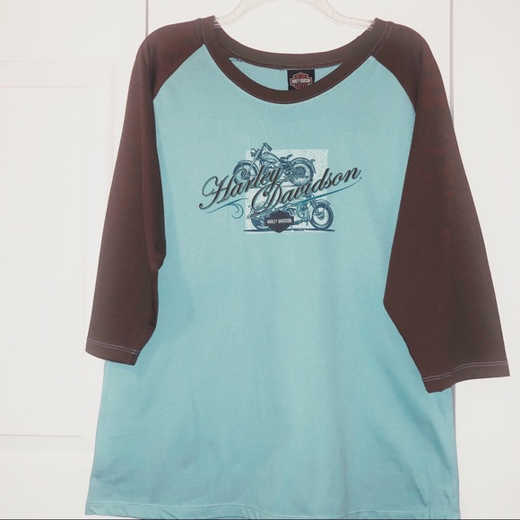Harley-Davidson Tops - Harley Davidson Aqua&Brown T-shirt w/Raglan Sleeve